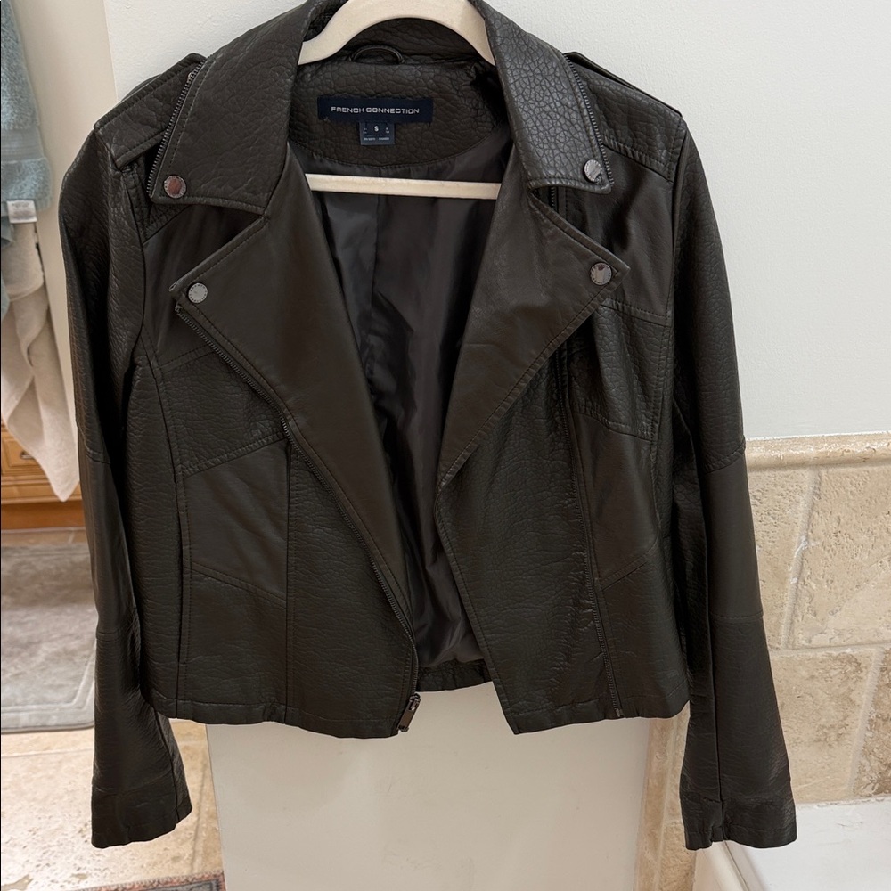 French Connection Dark Leather Biker Jacket